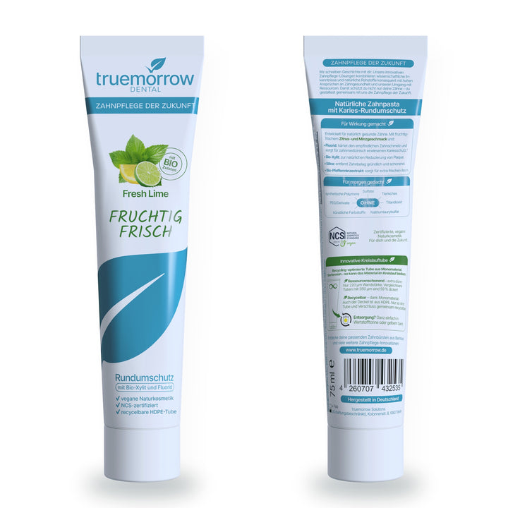 truemorrow Zahnpasta Fresh Lime – Tube Vorder- und Rückseite